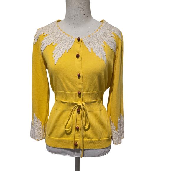 Moth Anthropologie Sunny Yellow Cotton Wysteria Lace Trim Fitted Cardigan, Med - Picture 2 of 9